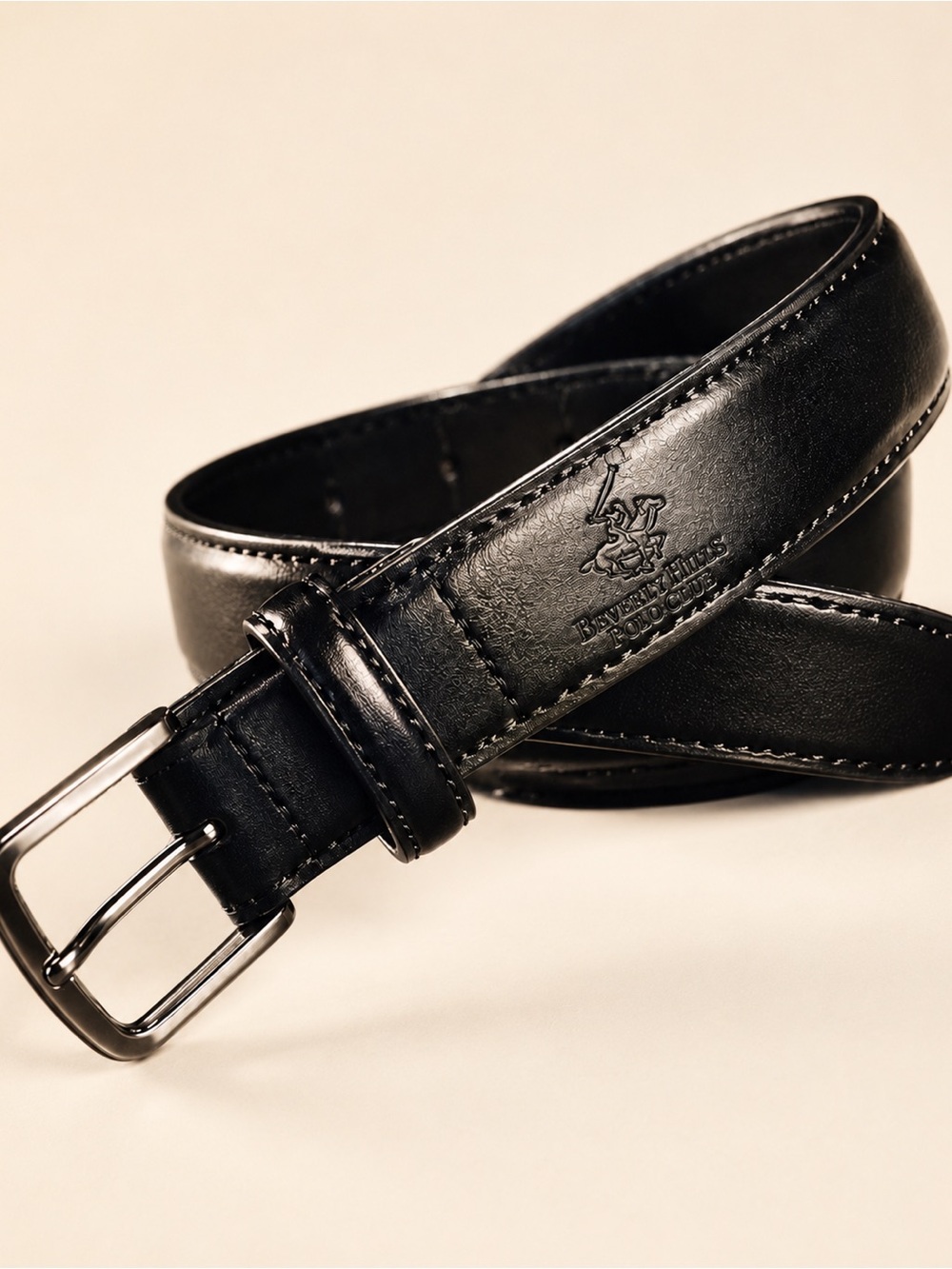Black Leather Belt Gunmetal Square Buckle Minimalist 33”